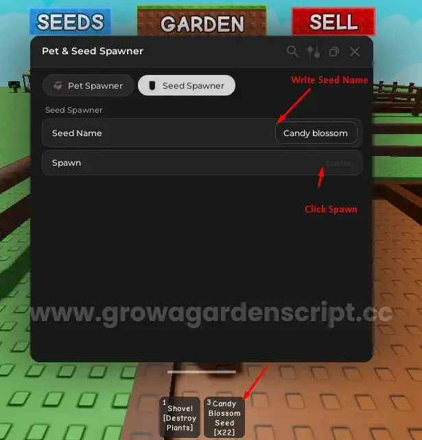 Candy Blossom Grow a Garden Script GUI by Rayfield showing auto farm, server hop, and rare seed features in Roblox